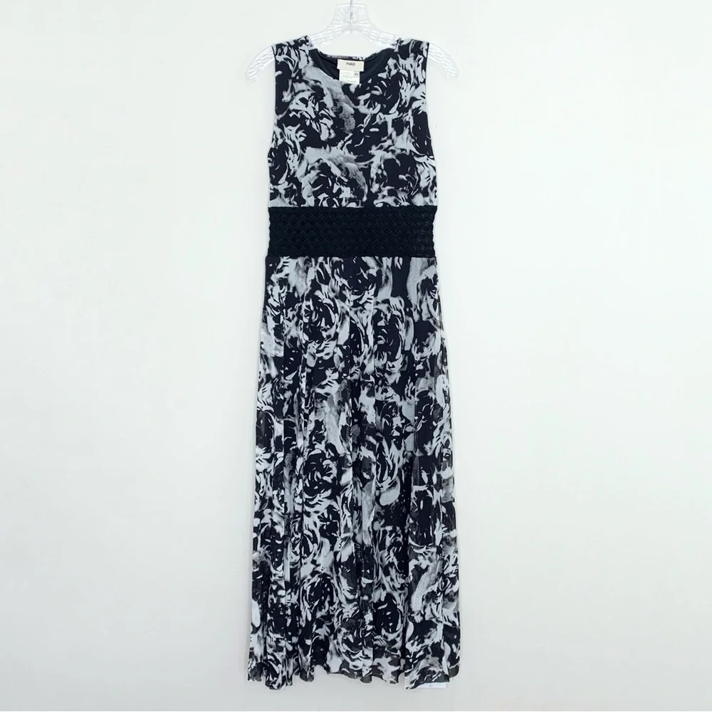 Fuzzi Cut-Out Sheer Waist Maxi Dress (Sz XL) Floral Print Black White Tulle
